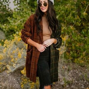 Stylish Plaid Coat - Brown and Green